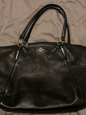 Coach Black Pebbled Leather Shoulder Tote with Gold Logo